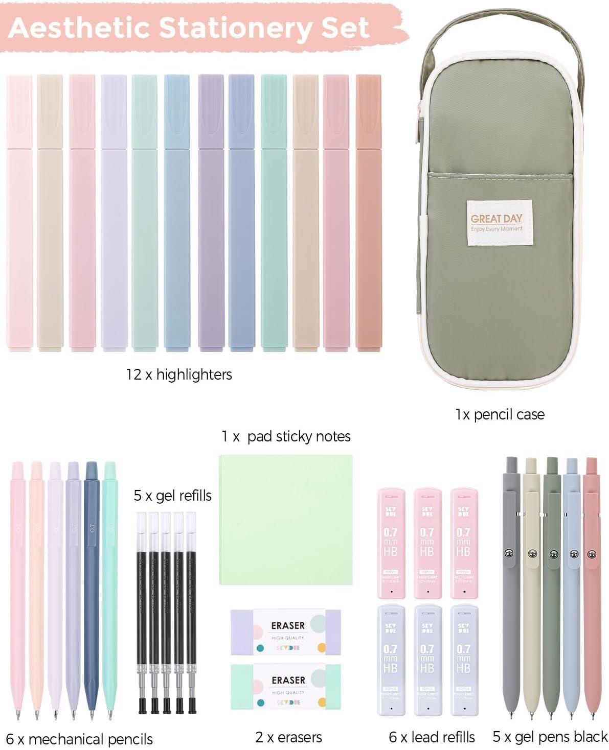 SKYDUE Cute School Supplies 38 PCS, Pencil Case with 12 Pastel Highlighters, 5 Black Gel Pens, Mechanical Pencils, College Essentials Students Stationary Set Green