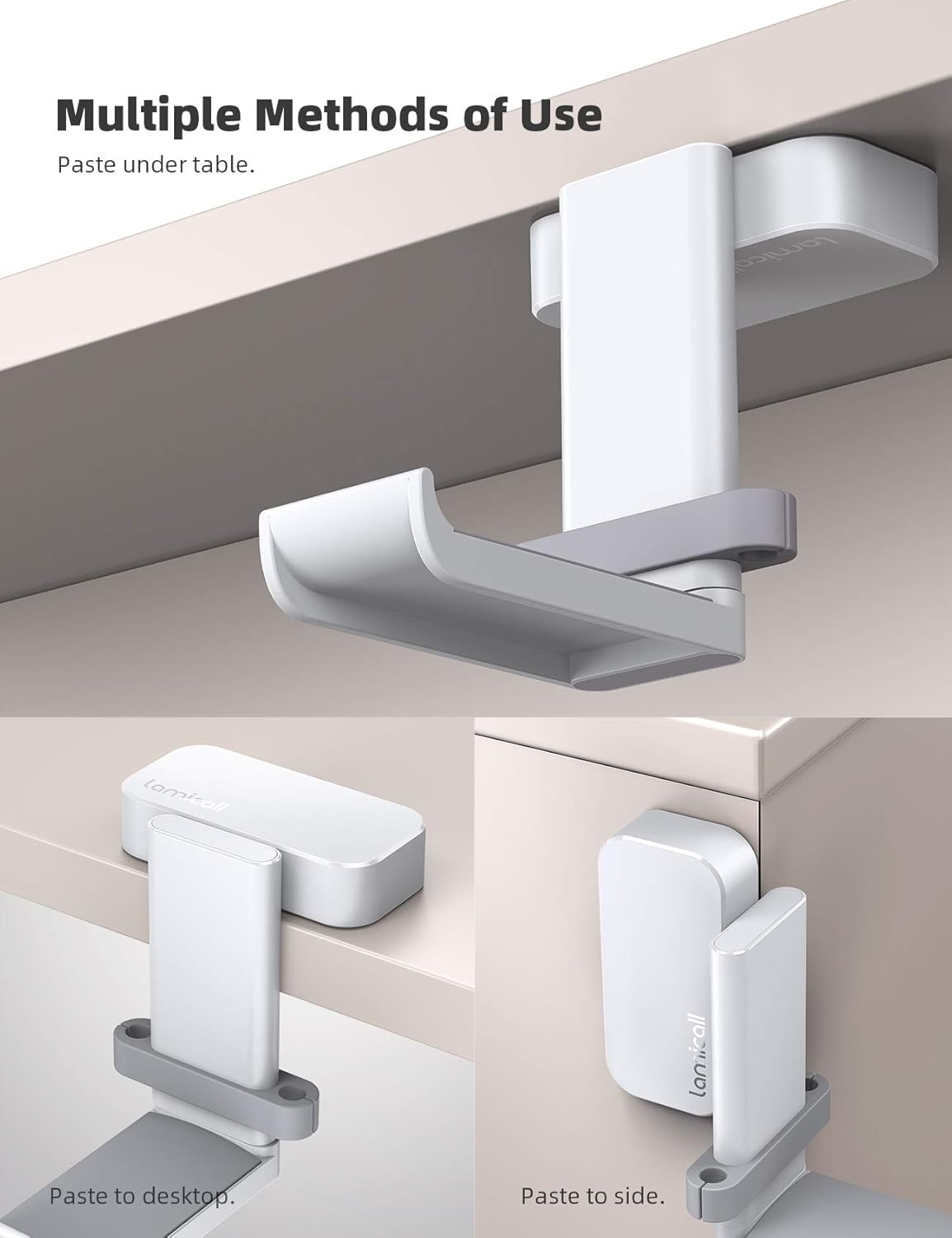 Lamicall Headphone Stand, Sticky Headset Hanger - 360 Degree Rotation Earphone Adhesive Hook Holder Mount, Table Headphone Stand with Cable Organizer, Headset Clamp for HyperX, Sennheiser -White