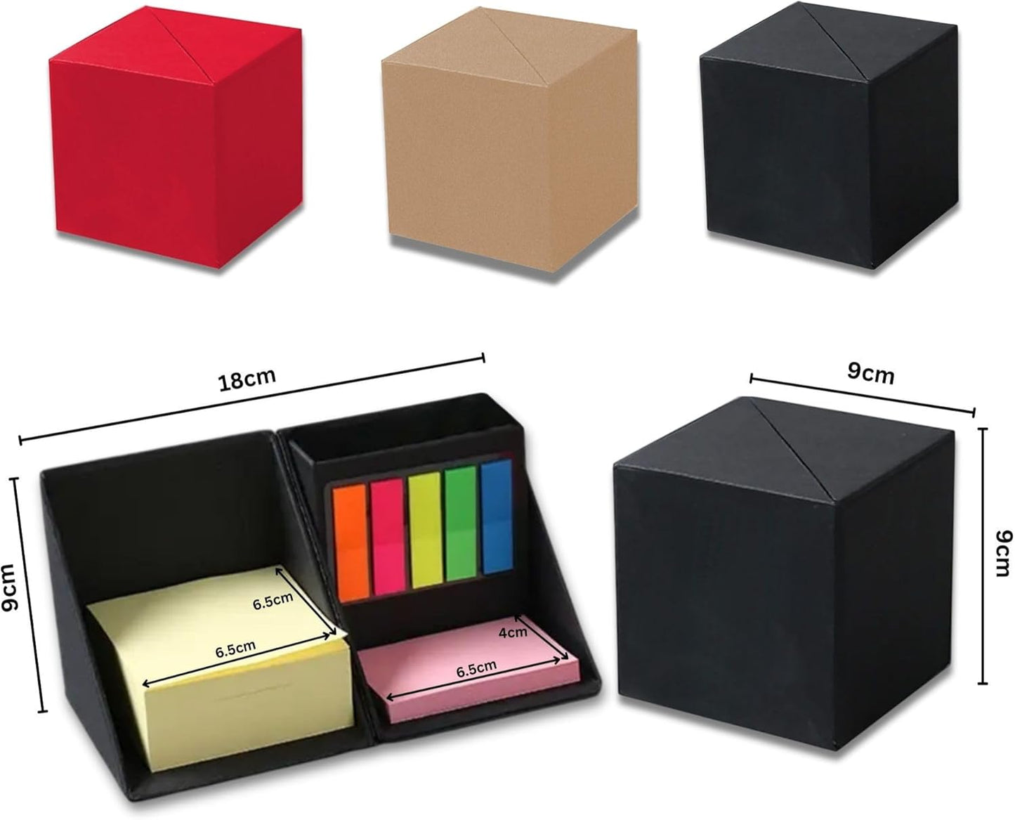 Sticky Notes Organizer Cube with Pen Holder, 3-in-1 Cardboard Memo Pad Set with 300 Yellow Notes, 50 Pink Pads & 125 Translucent Tabs, Portable Desk Organizer for Home, School, and Office Desk (Black)