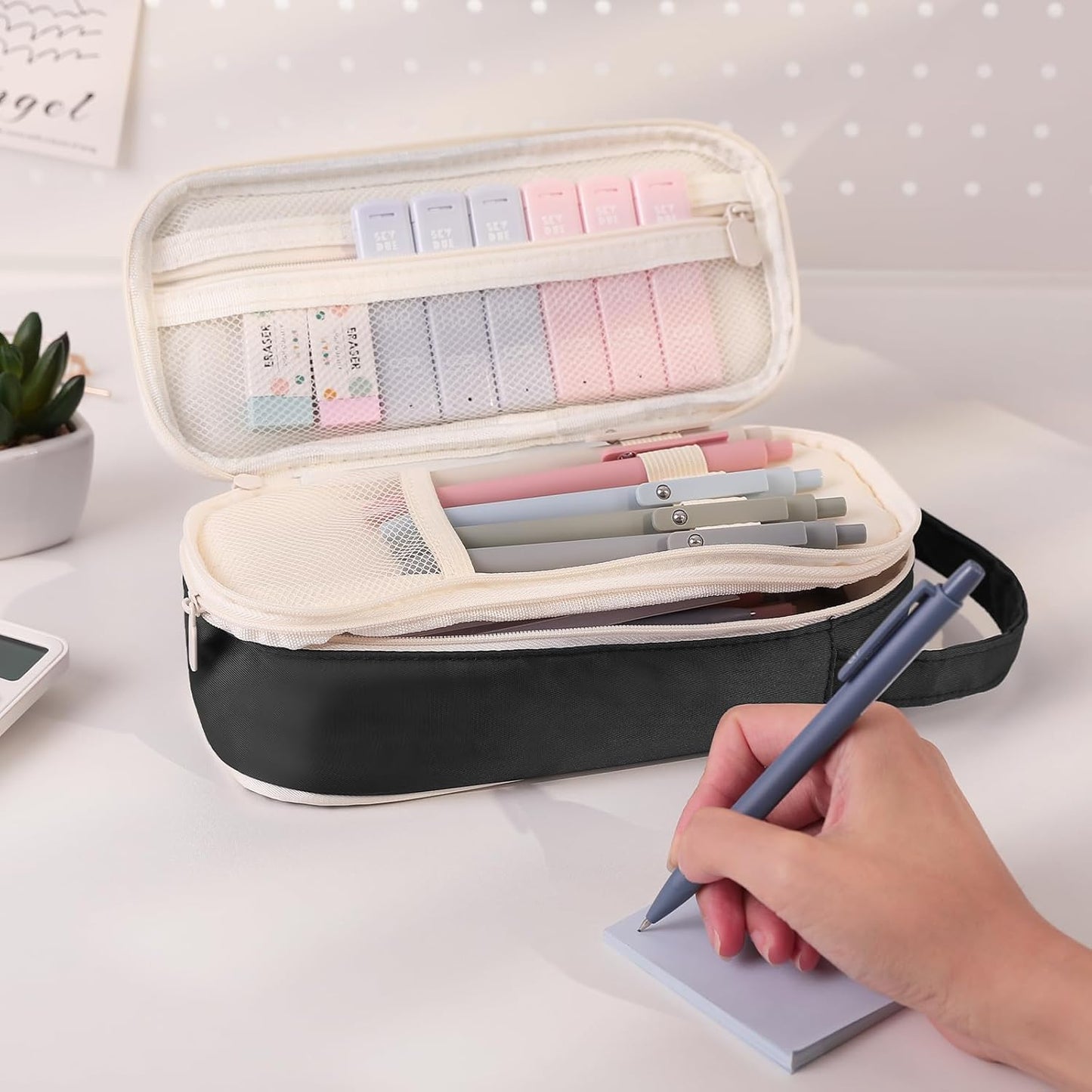 SKYDUE Cute School Supplies 38 PCS, Pencil Case with 12 Pastel Highlighters, 5 Black Gel Pens, Mechanical Pencils, College Essentials Students Stationary Set Black