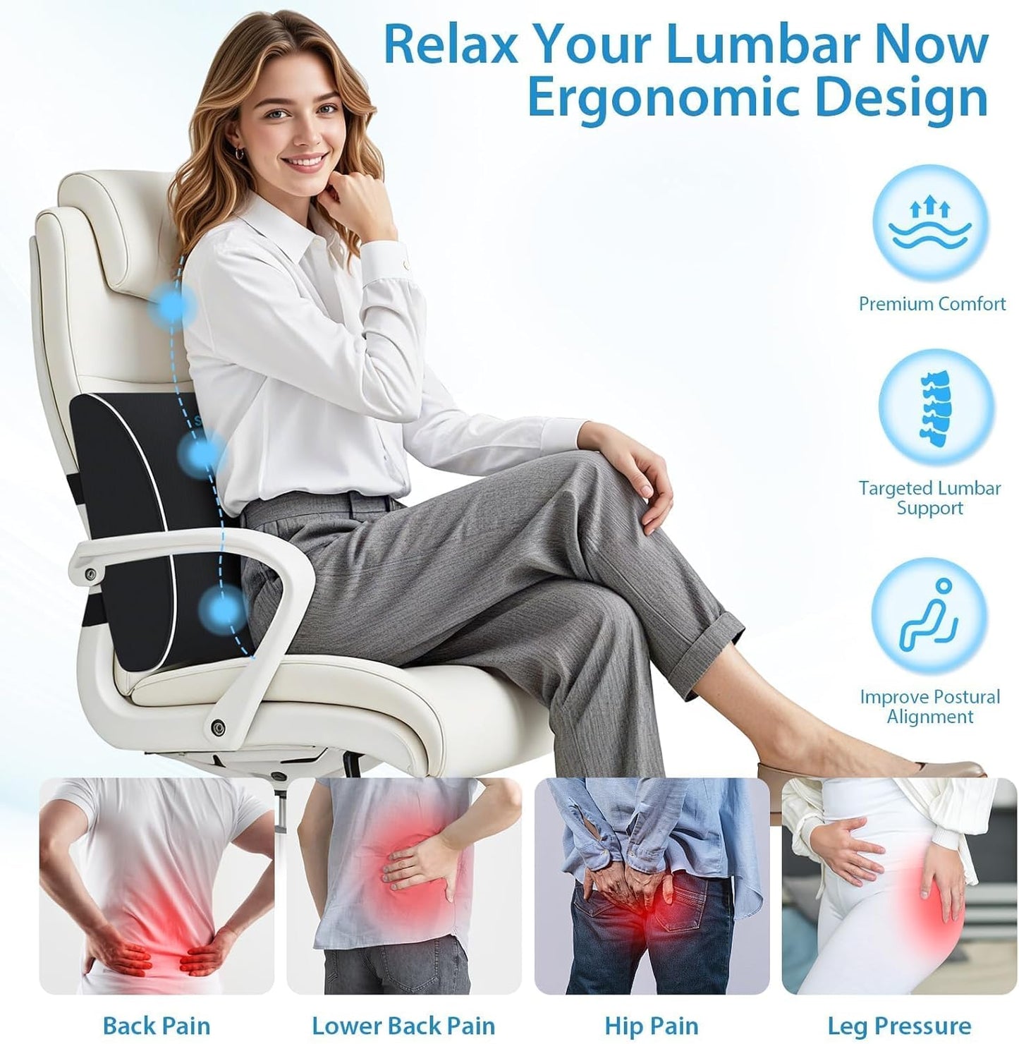 Lumbar Support Pillow for Office Chair, Car Seats and Home Desks, Ergonomic Back Support with Double Adjustable Straps, Machine Washable Cover, Grey