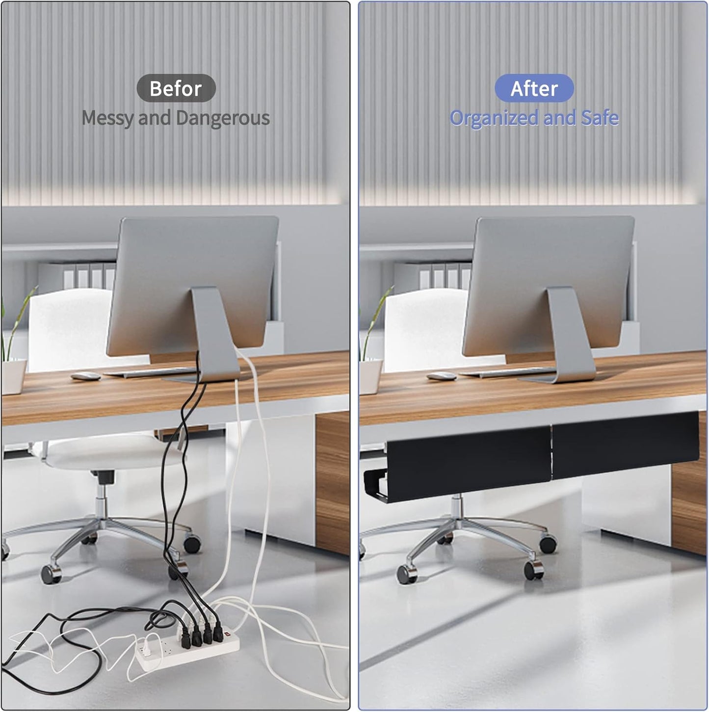 VIDOR Under Desk Cable Management Tray 2-Pack, 17" Cord Organizer, No Drill Alloy Steel, Perfect for Standing Desk and Office Home Wire Management