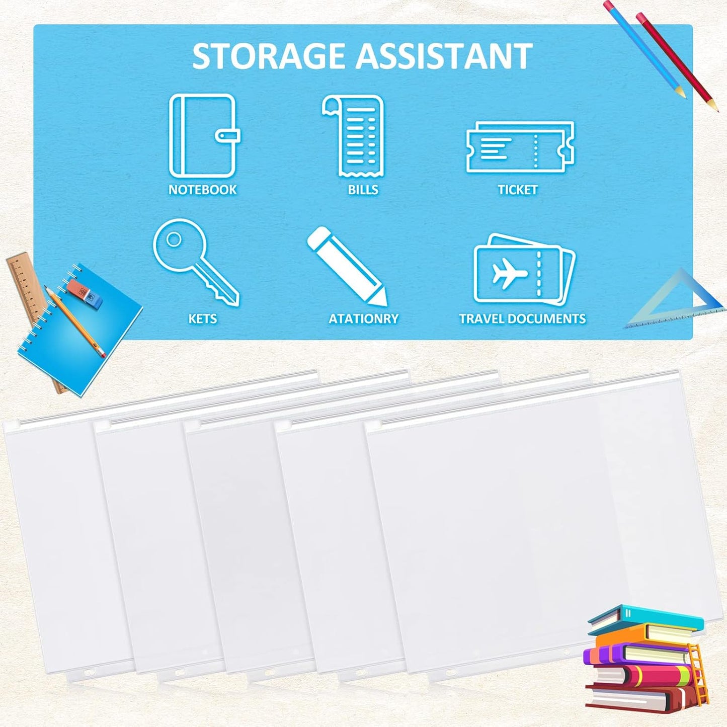 Zonon 30 Pcs A4 3 Rings Tansparent Zipper Binder Pouches Clear Binder Pockets with Zipper Folders Waterproof PVC Loose Leaf Bags Filling Bags for Pen Pencil Notebooks File Document