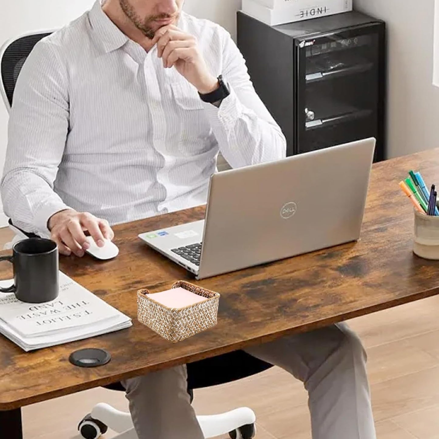 Sticky Note Holder Seagrass Post It Note Dispenser, 3 x 3 Inch Woven Sticky Note Dispenser, Farmhouse Post It Holder for Desk Home Office Decor, Whitewash