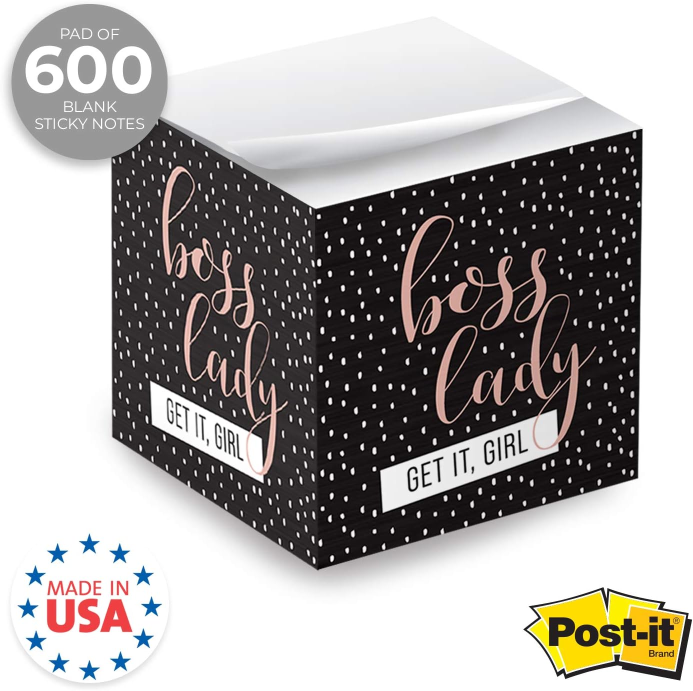 Boss Lady Sticky Note Cube / 600 Sheets / 2.75" Memo Block Printed on 4 Sides/Super Chic Empowering Design