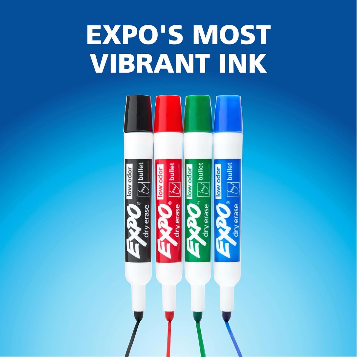 EXPO Low Odor Dry Erase Markers Bullet Black 12 Pack for Whiteboards Glass and Non-porous Surfaces. Ideal for Classrooms Offices and Homes