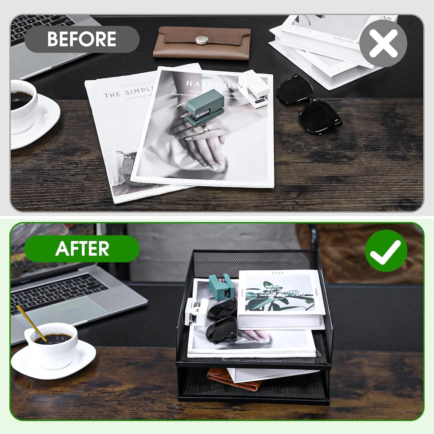 Magazine File Holder, 2 Pack Desk Organizer and Accessories, Metal Paper Tray Office Document Organizer Wire Mesh Letter Trays Stackable Desk File Storage Basket, Black