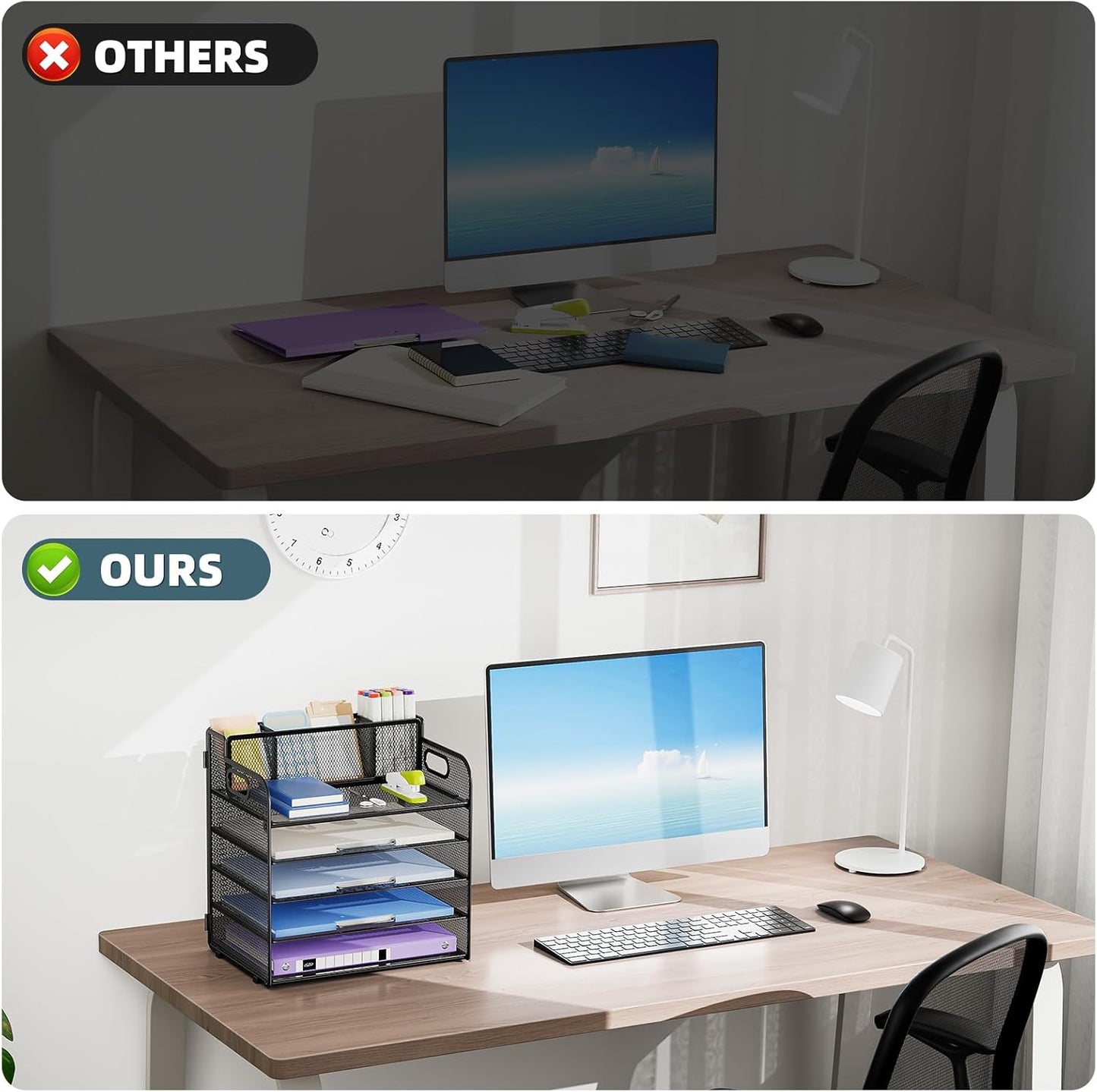 Marbrasse 5 Tier Paper Organizer with 3 Pen Holders, Mesh Desk File Organizers with Handle, Paper Sorter Desk Organizer for Home Office Supplies(Black)