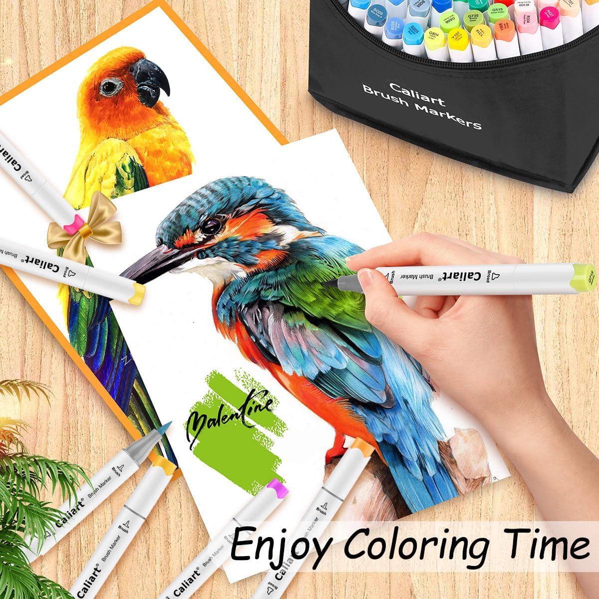 Caliart 121 Colors Alcohol Markers Brush Tip, Dual Tip Artists Coloring Markers Set Brush & Chisel, Permanent Alcohol Based Colored Sketch Pens, Art Supplies Gifts for Adults Illustration Drawing