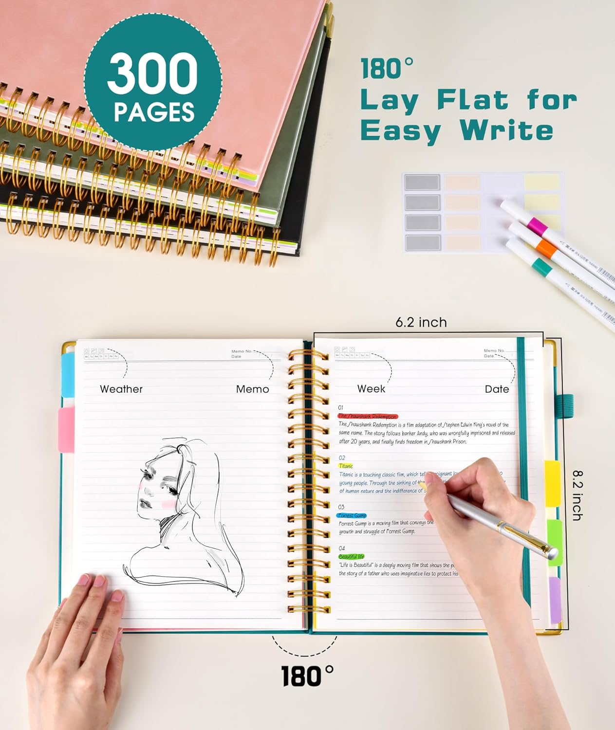 Hardcover Spiral Notebook journal with Removable Dividers Tabs, 300 Pages Leather 5 Subject Notebook College Ruled, 100GMS A5 Notebooks for Work School Note taking,Lined Journal for Women,A5-Blue