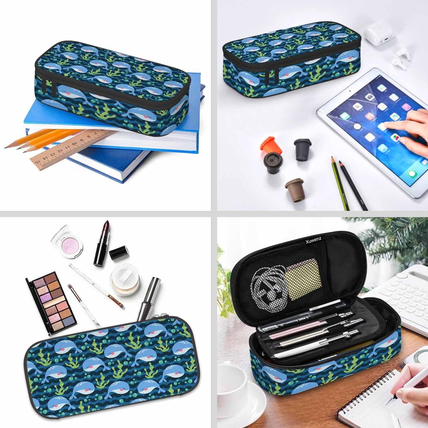Cartoon Whale Pen Organizer Bag Funny Cute Animal Coral Plant Marine Watercolor Pencils Case Stationery Organizer for Girl Boy