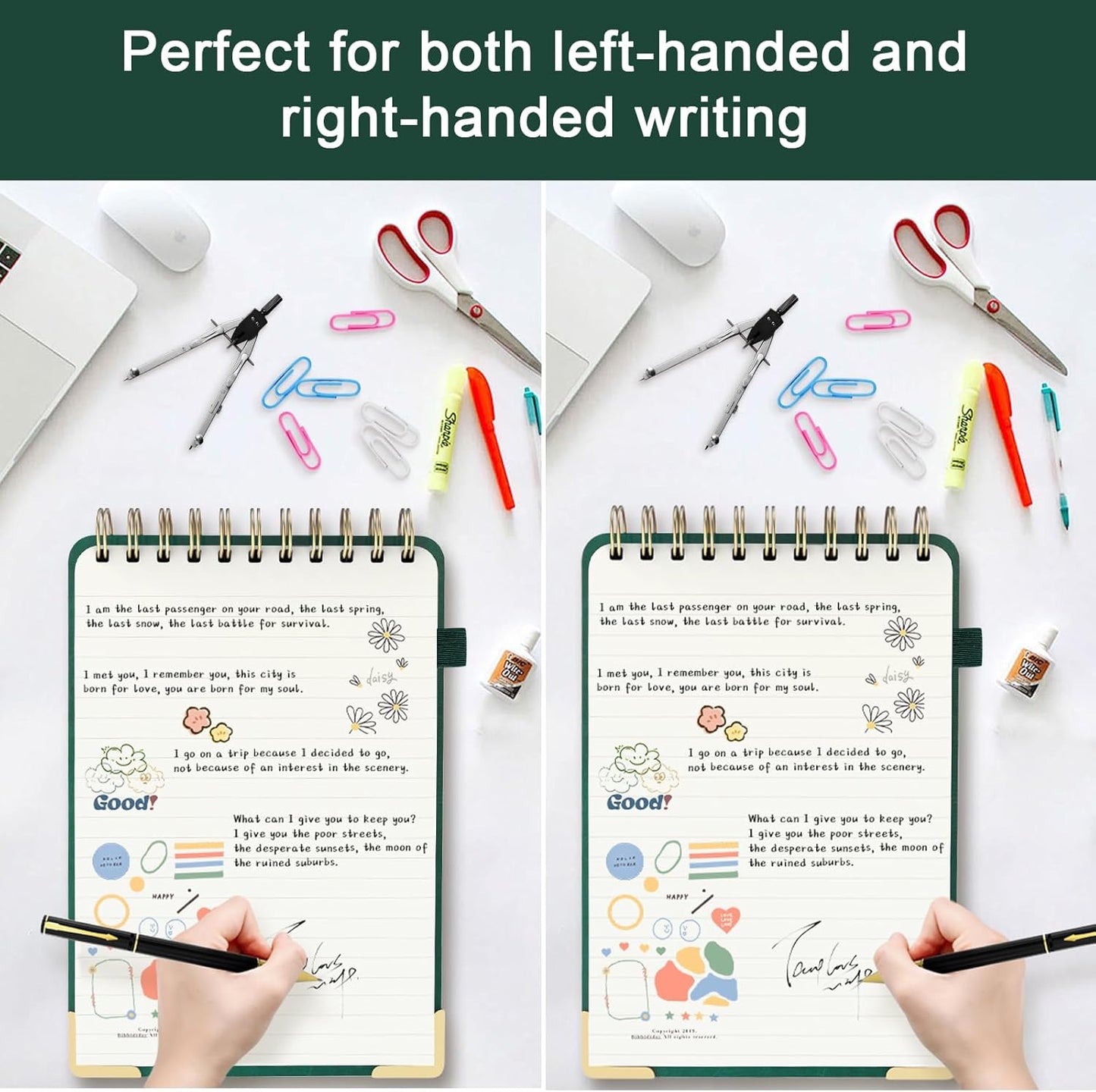 Mousbull A5 Top Spiral Notebook, Large Leather Hardcover Top Bound Steno Pads, 240 Pages 100 gsm Thick Lined Paper Left Handed Notebook Journal for Work, School, Meeting Writing - Green, 5.9" x 8.5"