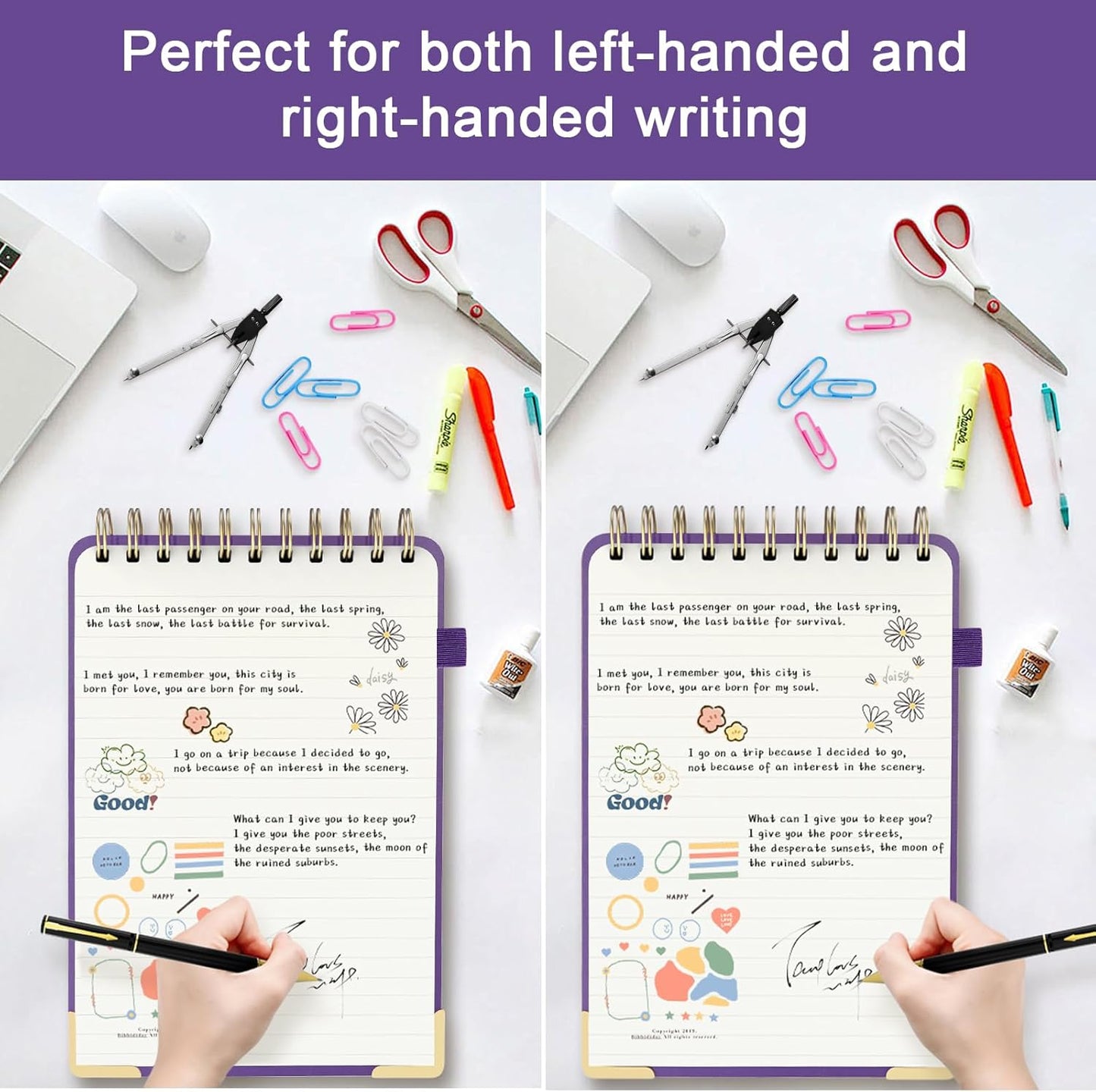 Mousbull A5 Top Spiral Notebook, Large Leather Hardcover Top Bound Steno Pads, 240 Pages 100 gsm Thick Lined Paper Left Handed Notebook Journal for Work, School, Meeting Writing - Purple, 5.9" x 8.5"