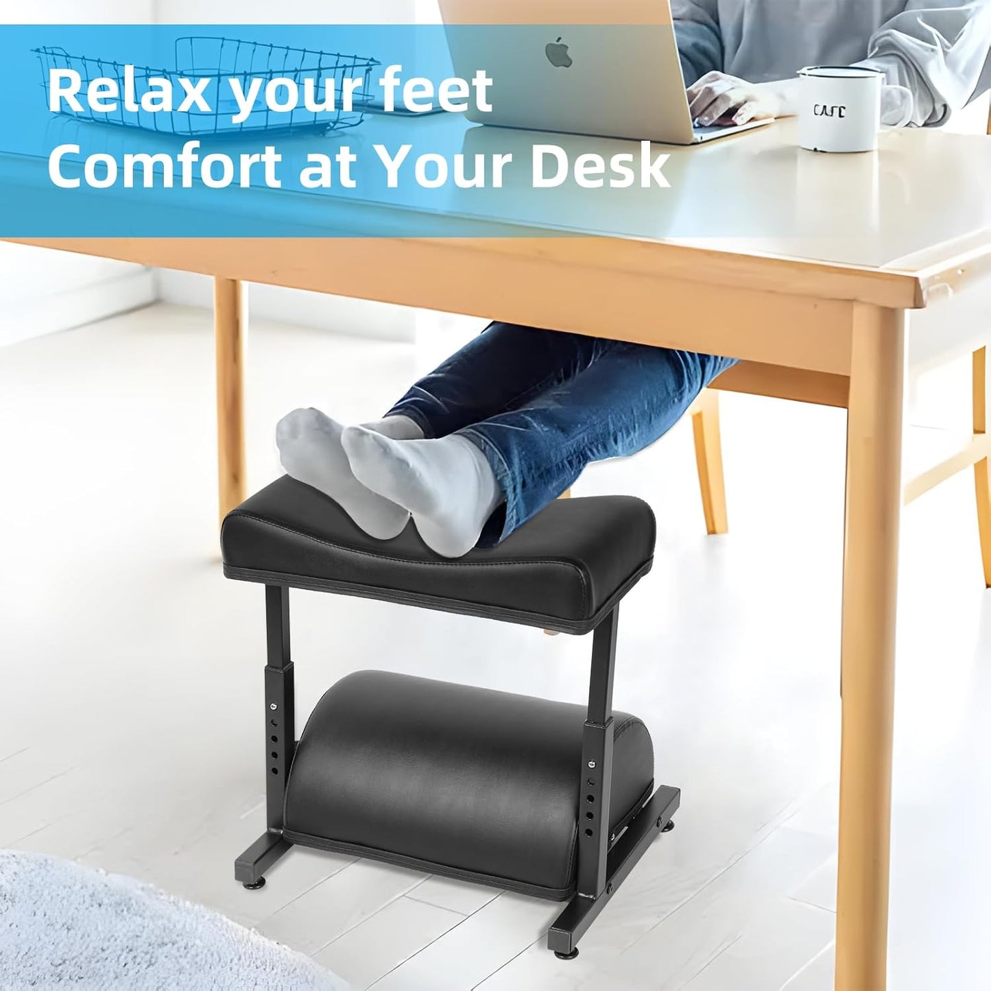 Adjustable Foot Rest Under Desk Footrest Wide Leg Rest 5 Height Positions PU Leather Covered for Desk Office Gaming Chairs Ergonomic with Foot Cushion
