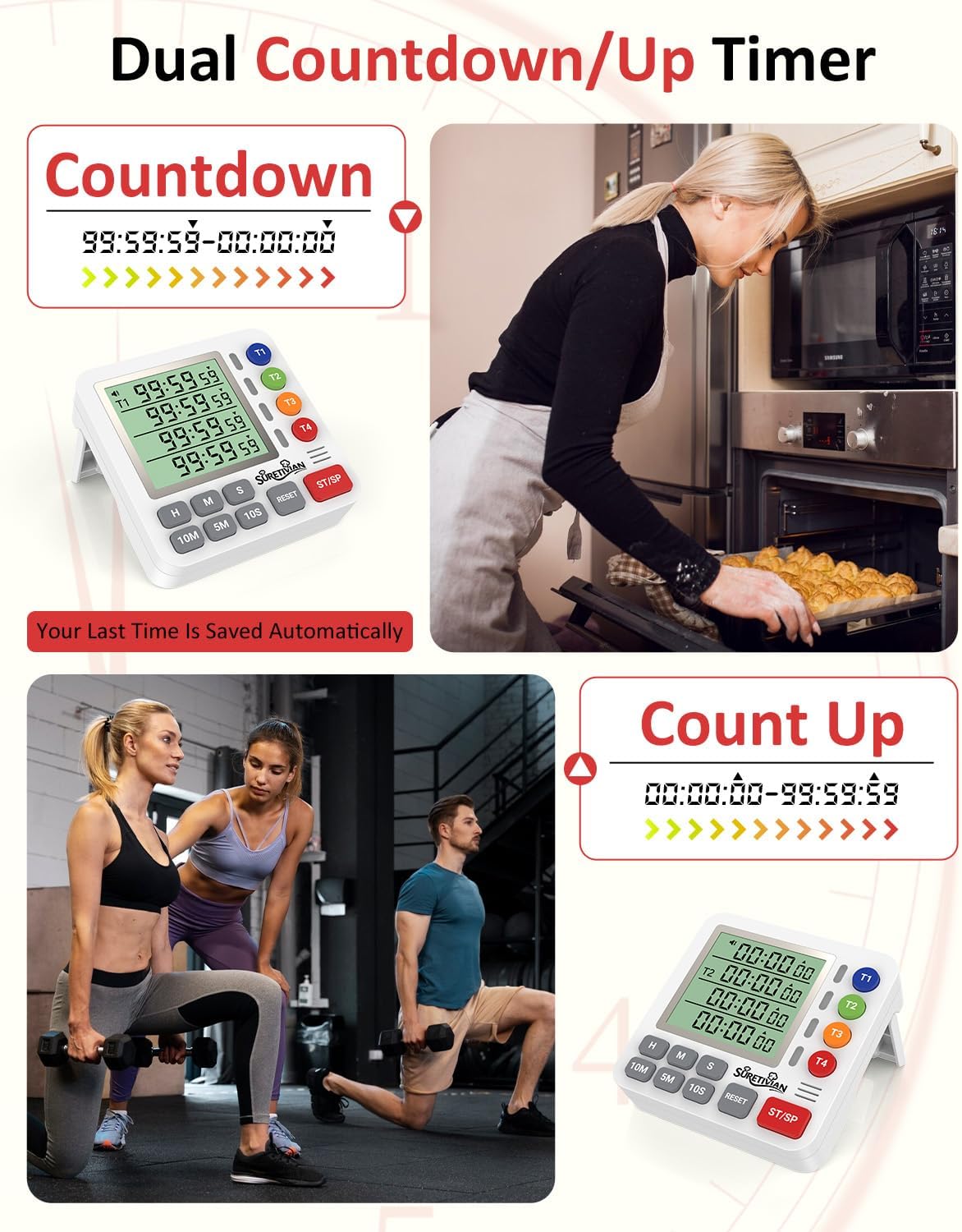 Digital Kitchen Timer for Cooking - 4 Channel Count Up Countdown Timer with Loud Alarm and Silent Mode, Large Display, Magnetic Back, Auto Memory for Classroom Study Gym, Battery Included (White)