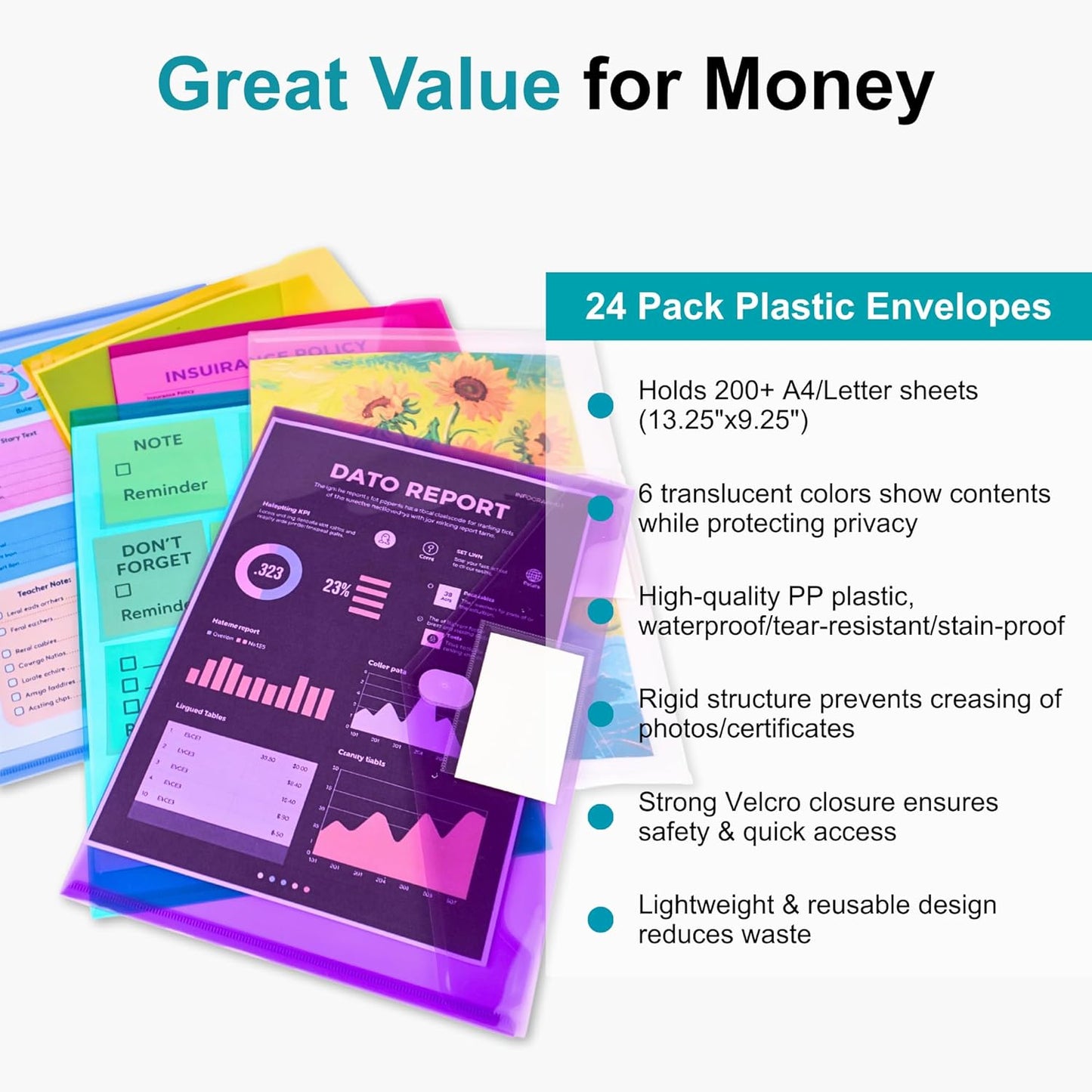 CATIFLIN 24 Pack Plastic Envelopes A4 Letter Size File Folders, Clear Poly Document Holders with Labels, Waterproof Pocket Pouches for School Office Home Organizer Supplies