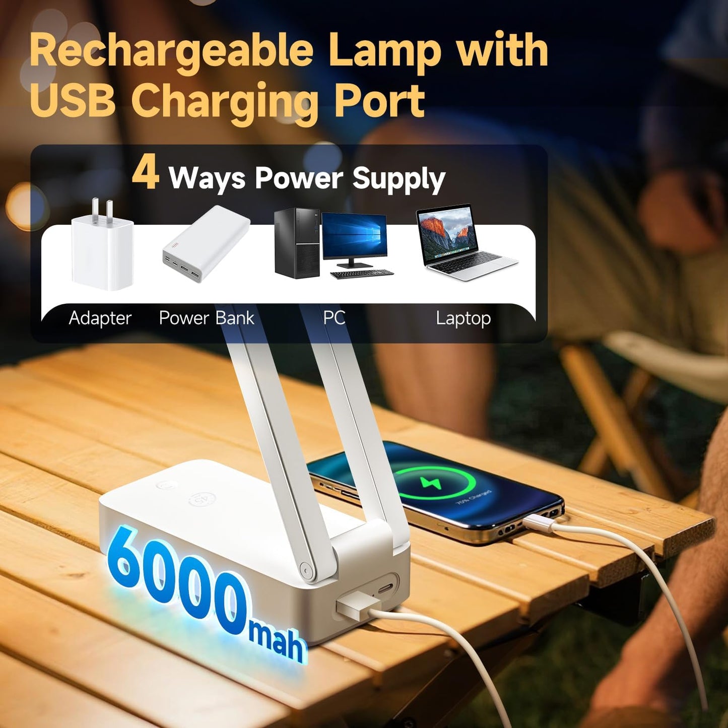 Small Desk Lamp, 6000 mAh Rechargeable Desk Lamps, 3 Colors & 15 Brightness Portable Light with USB Charger, Nail Lamp for Desk Puzzle Light