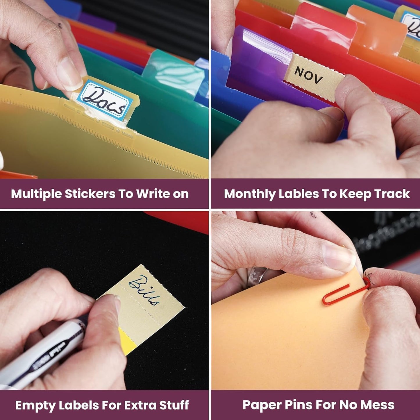 Plastic Accordion File Organizer, 26 Pockets Expandable File Folder Organizer, A4 Letter Size Filing Organizer with Colorful Tabs, Elastic Cord, 60 Paper Clip, Label & Stickers for Office School Home