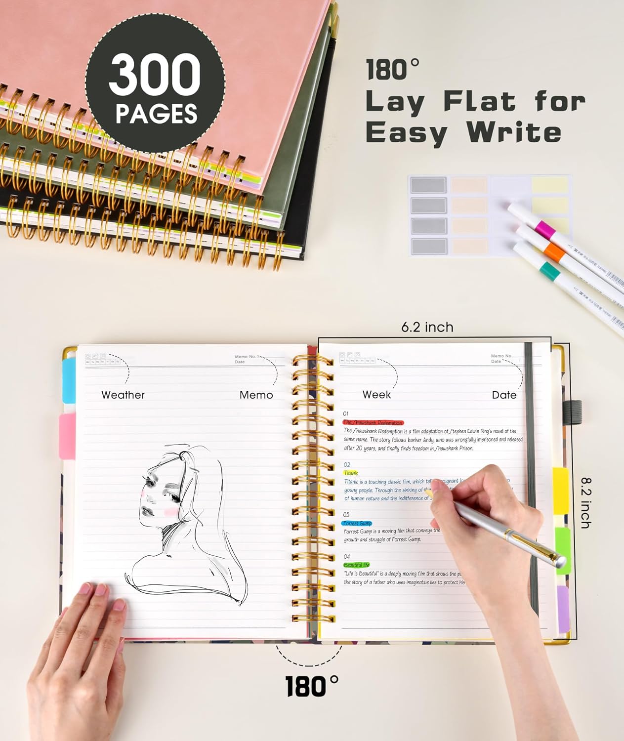 Hardcover Spiral Notebook journal with Removable Dividers Tabs, 300 Pages Leather 5 Subject Notebook College Ruled, 100GMS Notebooks for Work School Note taking,Lined Journal for Women,A5-Flower