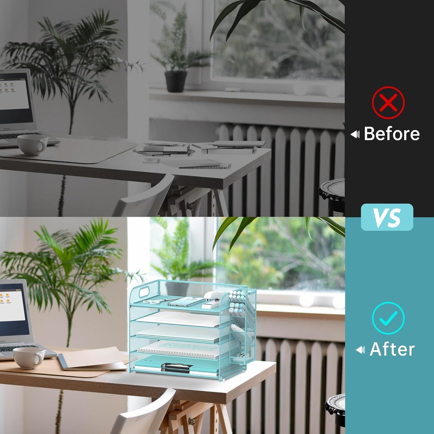 SUPEASY 5 Tier Desk Organizer with Handle & Removable Pen Holders, Mesh Paper/File Organizer for Desk, Paper Letter Tray Organizer for Office Supplies (Blue)