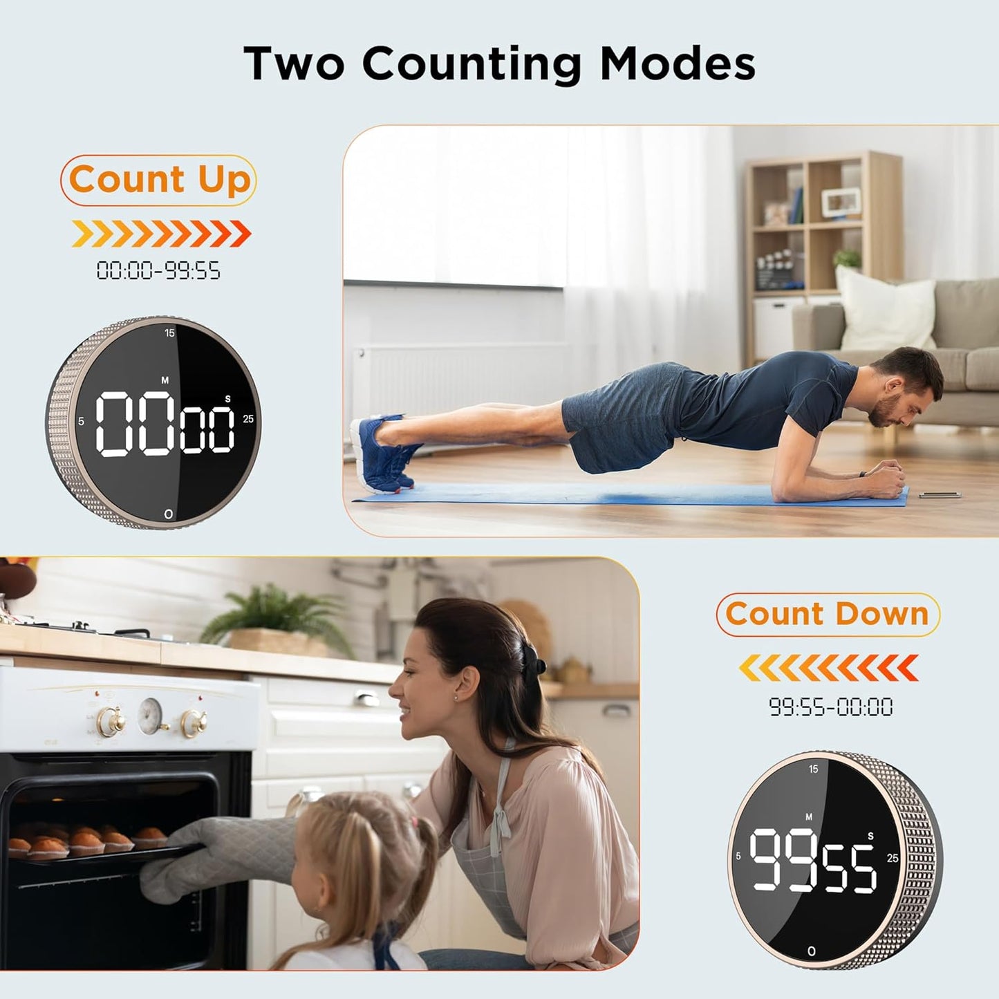 Upgrade Digital Kitchen Timer - Magnetic Countdown Countup Visual Pomodoro Timer with Large LED Display, 3-Preset Times (5, 15, 25), 3 Volume Levels, Ideal for Cooking, Baking and Fitness (2, Tarnish)