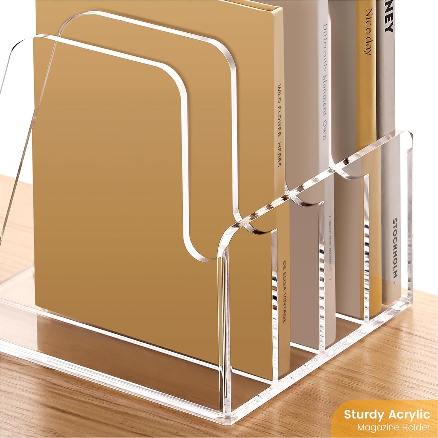 YUXUN Acrylic Magazine Holder,Clear Desk Organzier Workspace Organizers with 4 Vertical Compartments File Sorter for Magazine,Notebooks, Envelopes,Comic Coloring Book Storage(6.6 X 7.2 X 6.7 Inch)