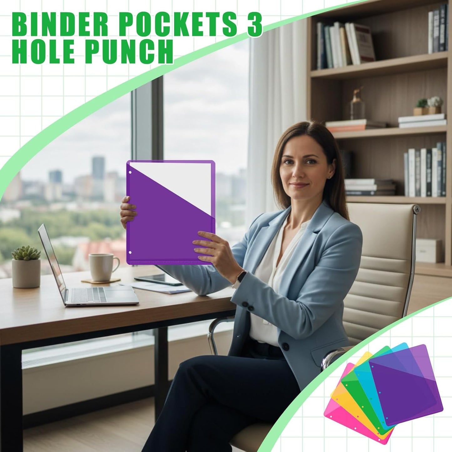 Maitys 50 Pack Binder Pockets 3 Hole Punch Clear Plastic Document Folders Binder Organizer Store Letter Size 8.5x11 Inch Paper Folders with Pockets Slash File Jacket for Office (Neon Colors)