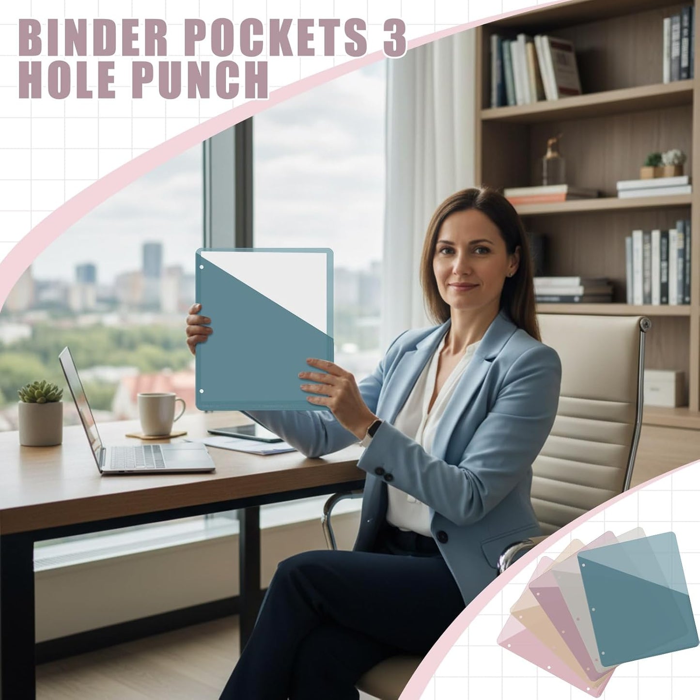 Maitys 50 Pack Binder Pockets 3 Hole Punch Clear Plastic Document Folders Binder Organizer Store Letter Size 8.5x11 Inch Paper Folders with Pockets Slash File Jacket for Office (Morandi Color)