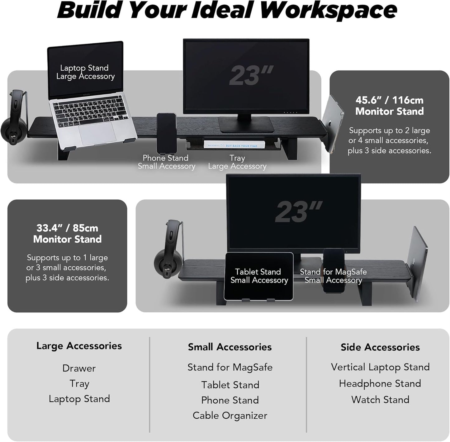 Moodular Wooden Monitor Stand 33.4” (85cm) Desk Organizer with Metal Slide Rails for Drawer, Tray, Laptop, Tablet, Phone & Headphones Customizable Riser for Organized Workspace Oak MS85-O