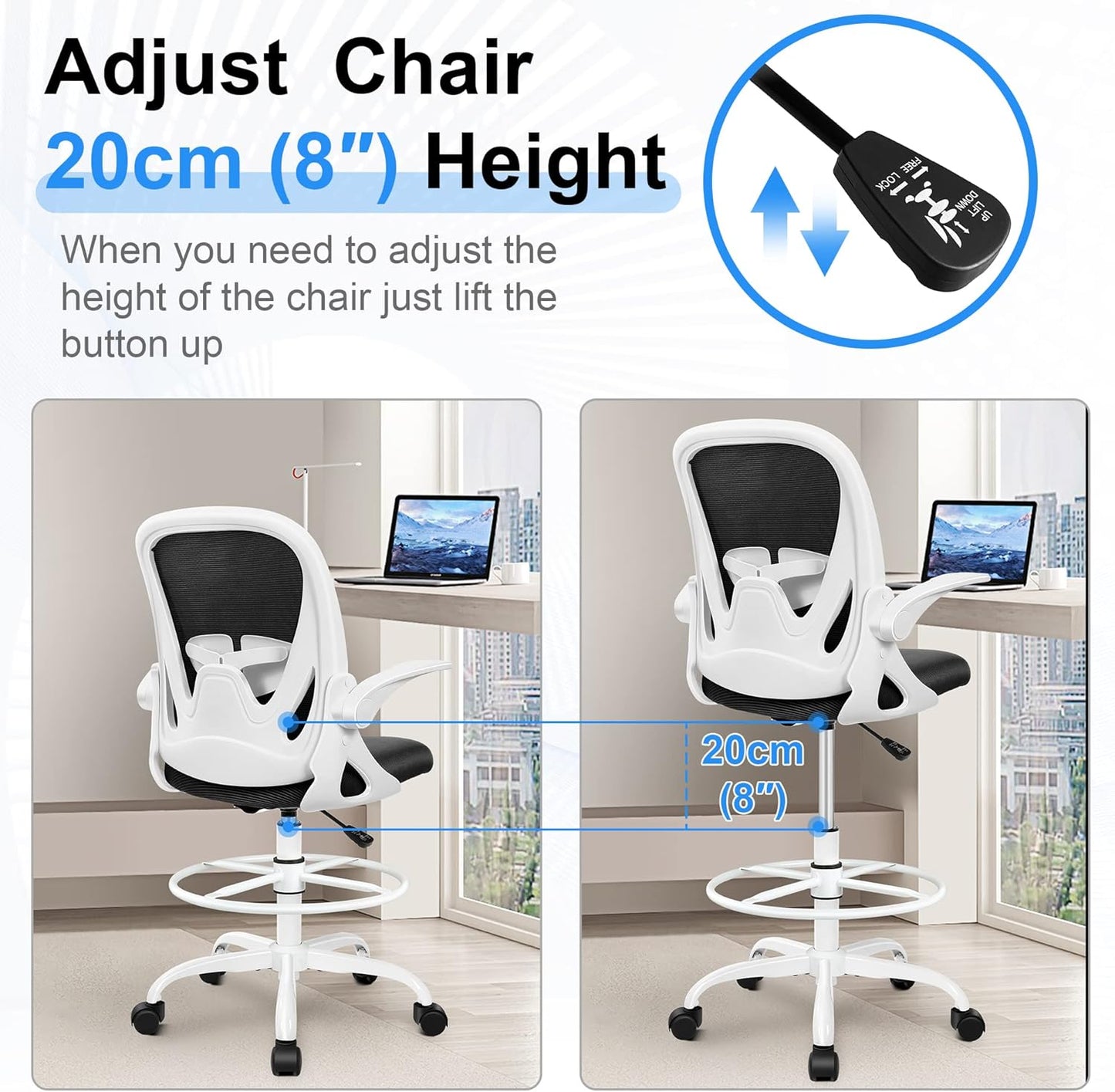 Primy Ergonomic Drafting Chair with Flip-up Armrests Tall Office Chair for Standing Desk Comfortable Desk Chair with Adjustable Footrest Ring and Lumbar Support in Gray Perfect for Home (White)