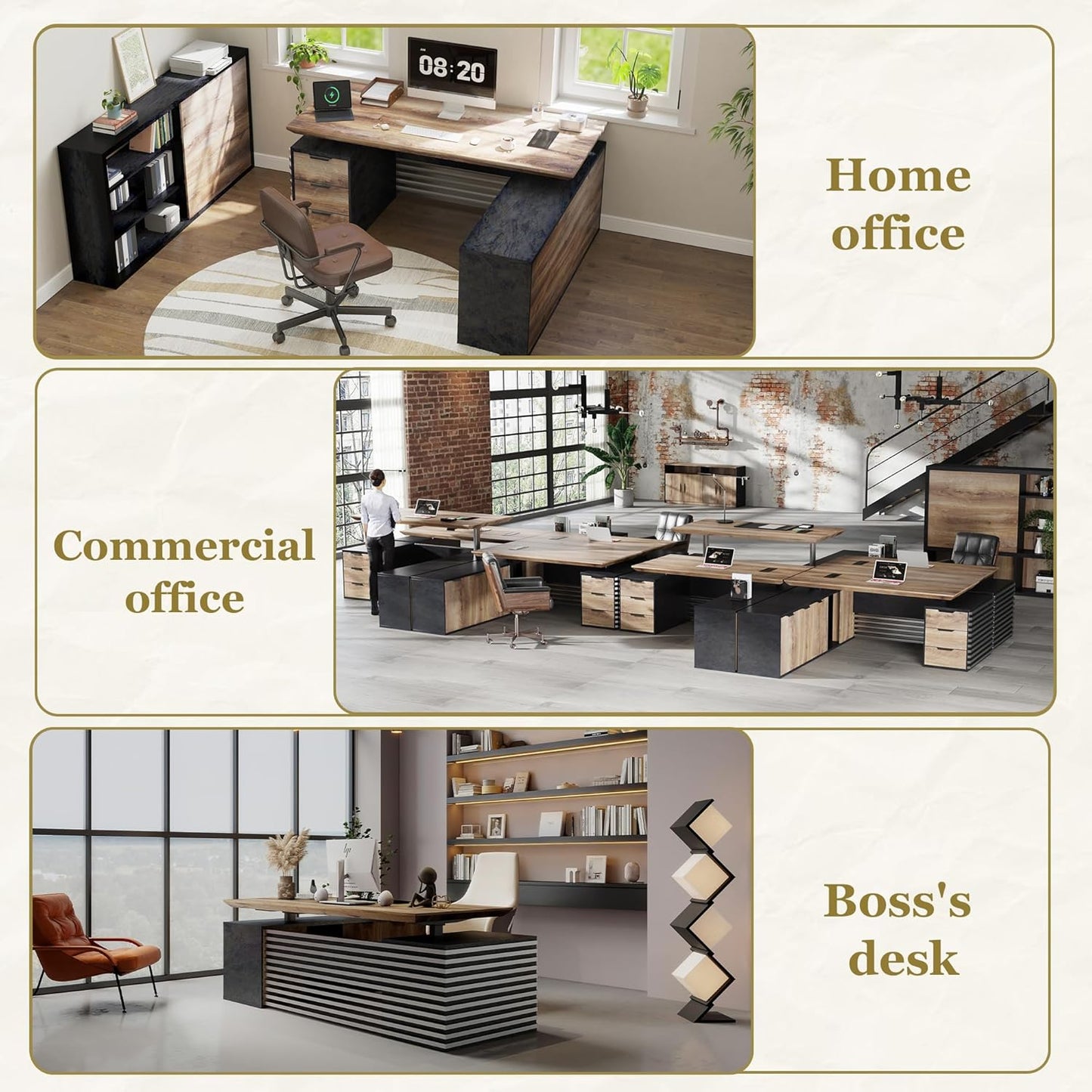 SAINTCY 70.87In L Shaped Executive Standing Desk with Drawers, Large Modern Adjustable Heigh Home Office Desk w/File Cabinet, AC/USB, Business Workstation, Black and Warm Oak