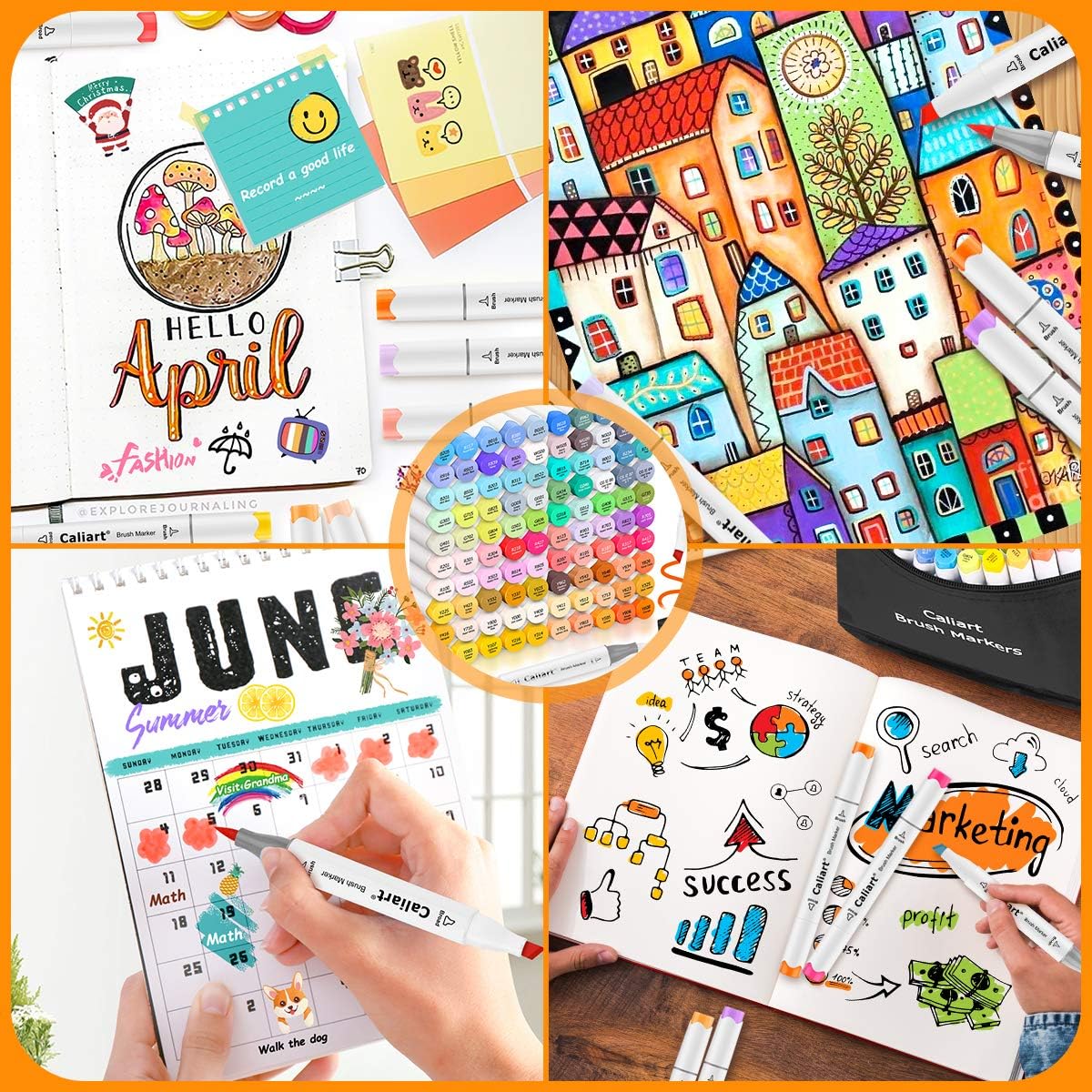 Caliart 121 Colors Alcohol Markers Brush Tip, Dual Tip Artists Coloring Markers Set Brush & Fine, Permanent Alcohol Based Colored Sketch Pens, Art Supplies Gifts for Adults Illustration Drawing