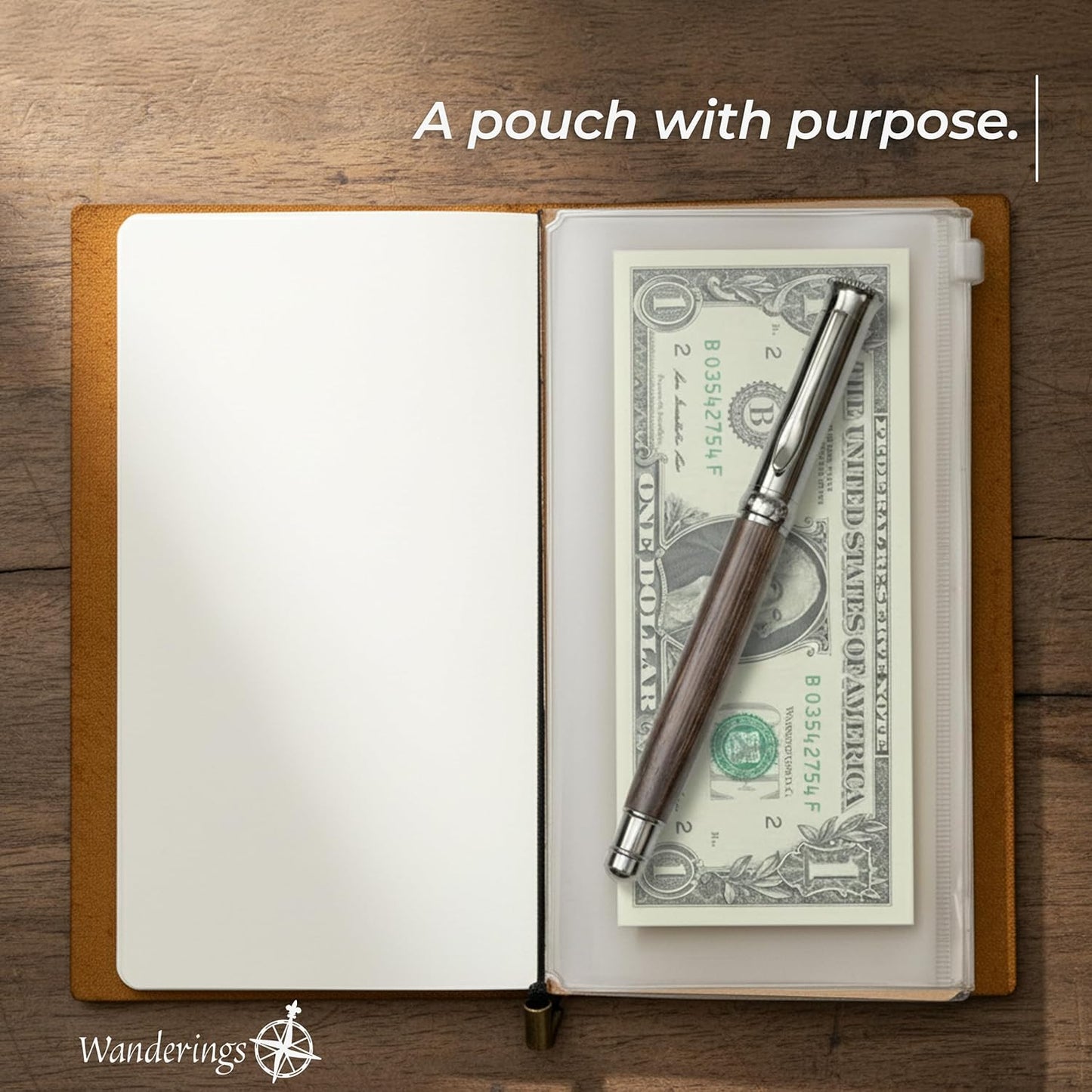 WANDERINGS Pocket Notebook Bundle - 4" x 5.1" / 10cm x 13cm - Small, Passport Size Refillable Travelers Notebook - Includes a Pen Holder with a Pen, 2 extra Ink Refills, a PVC Folder, Binder Clip