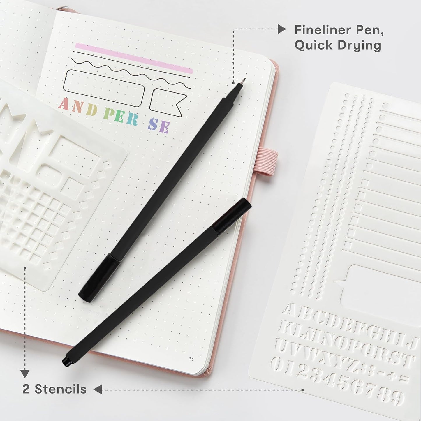 &And Per Se Dotted Journal Notebook Set (3 Packs), A5 Hardcover Dotted Notebook, 176 Numbered Pages Bullet Journaling Kit, 2 Stencil Sheets and 1 Fineliner Pen Included - 5.7'' x 8'' (Green)