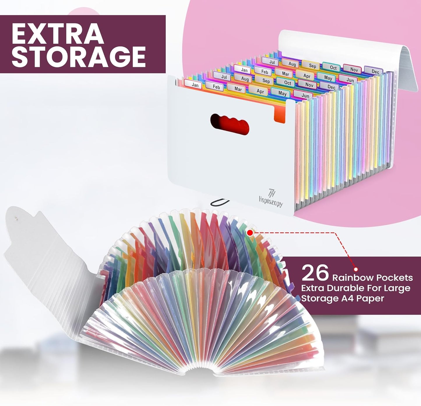 Plastic Accordion File Organizer, 26 Pockets Expandable File Folder Organizer, A4 Letter Size Filing Organizer with Colorful Tabs, Elastic Cord, 60 Paper Clip, Label & Stickers for Office School Home