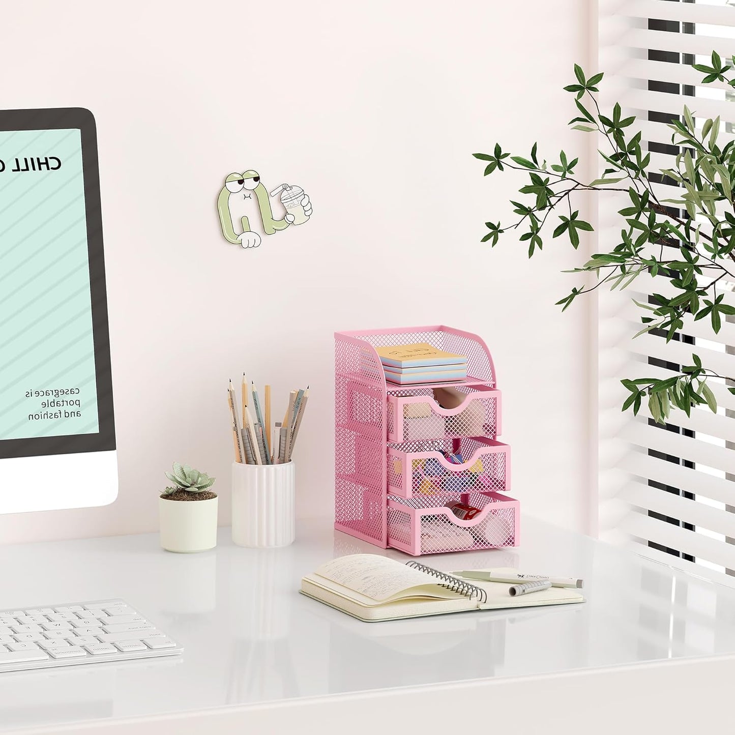 EasyPAG Mesh Desk Organizer with 3 Drawer Office Desktop Organizers and Accessories Stationery Caddy for Office, Home, Students, Pink