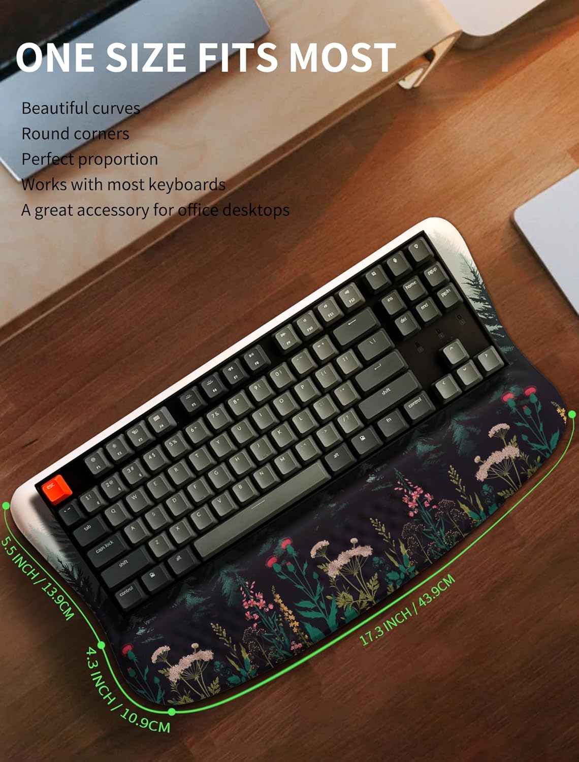 Ergonomic Wave Wrist Rest with Keyboard Stand, Cushioned Palm Rest, Comfortable Integrated Memory Foam for Natural Typing and Relieve Wrist Pain, Flower Sea Forest