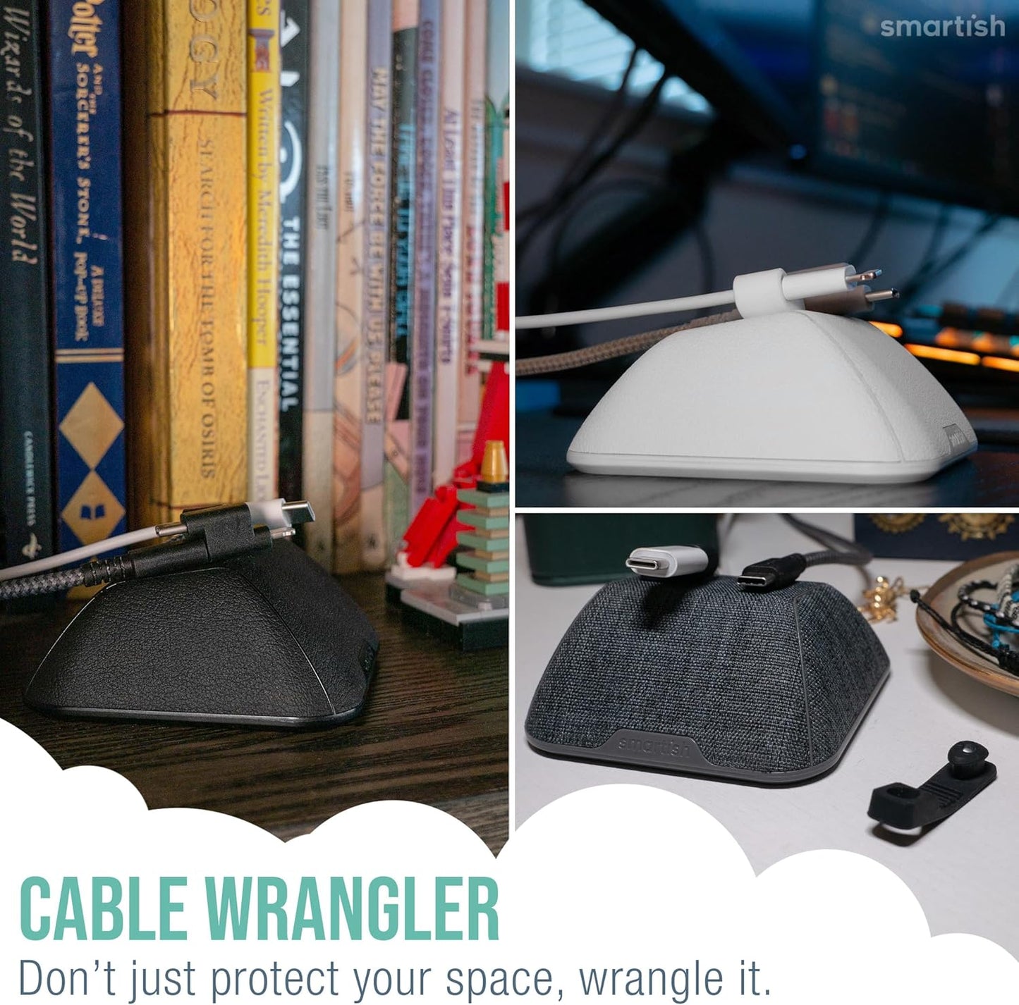 Smartish® Magnetic Cord Holder - Cable Wrangler Organizer Stocking Stuffer with Magnet Clips for Charger Management on Desktop, Nightstand for USB-C + Lightning - Black Tie Affair