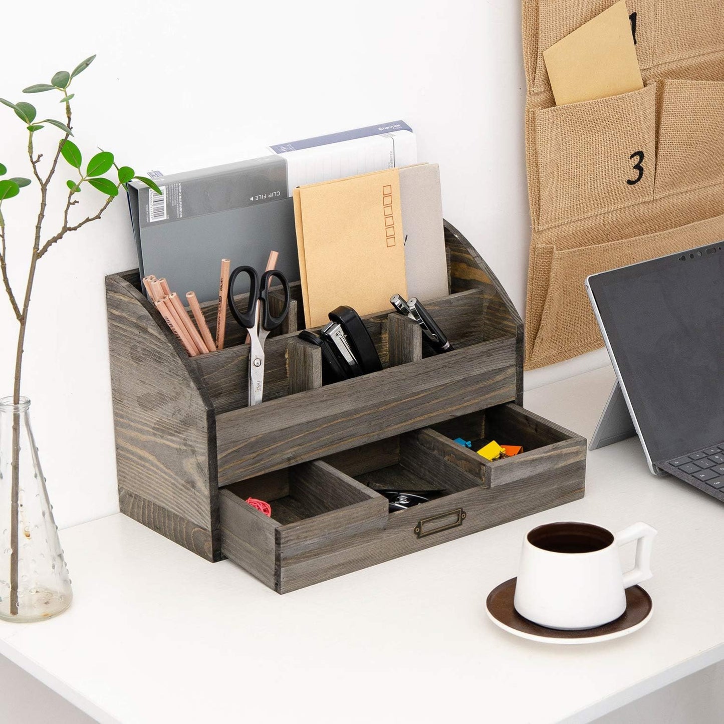 Distressed Rustic Wooden Office Desk Organizer 5 Compartment with 2 Drawer &Counter Desk Tabletop Desktop Mail Rack, Pens, Notebooks, Folders, Pencils and Office Supplies (Rock Grey)