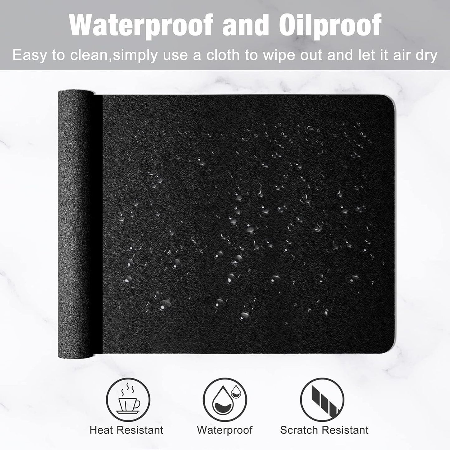 Hsurbtra Desk Pad, 23.6" x 13.8" PU Leather Desk Mat, M Extended Mouse Pad, Waterproof Desktop Blotter Protector, Non-Slip Ultra Thin Small Laptop Keyboard Writing Mat for Office Home, Black