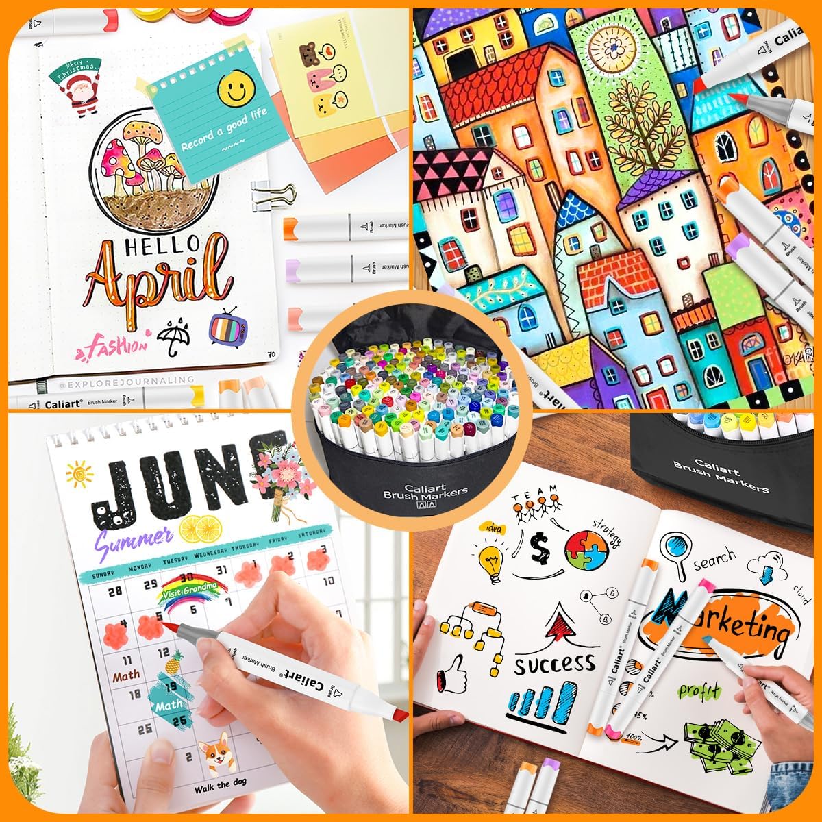 Caliart 180 Colors Alcohol Markers Brush Tip, Dual Tip Artists Coloring Markers Set Brush & Fine, Permanent Alcohol Based Colored Sketch Pens, Art Supplies Gifts for Adults Illustration Drawing