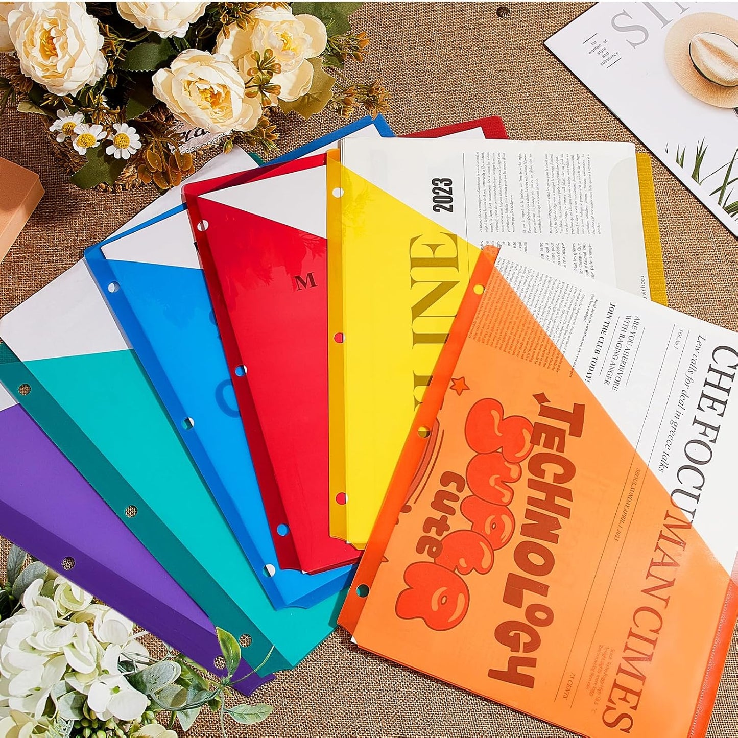 Maitys 30 Pack Binder Pockets 3 Hole Punch Clear Plastic Document Folders Binder Organizer Store Letter Size 8.5x11 Inch Paper Folders with Pockets Slash File Jacket for Office (Rainbow Color)