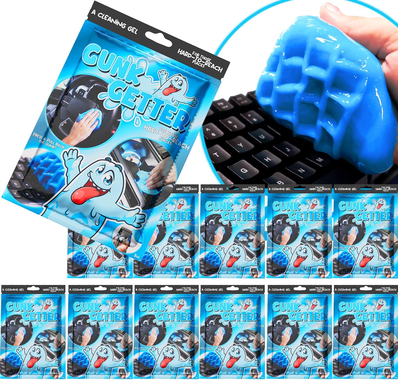 Cleaning Gel for Those Hard to Reach Places, Automotive Cup Holder Electronic Keyboard Office, Slime Gel Cleaner Dust Crumb Removal (Resealable Pouch, Blue, 3oz) 12 Pack
