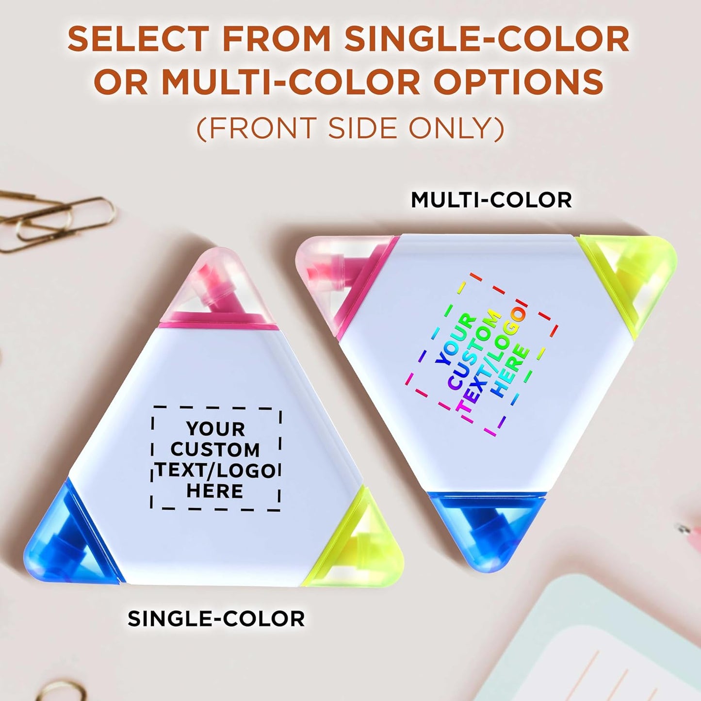DISCOUNT PROMOS Custom Highlighters Set of 10/50/100, Personalized Bulk Pack Durable Chisel Tip Textbook Highlighters Handy and Easy to Store - Triangle