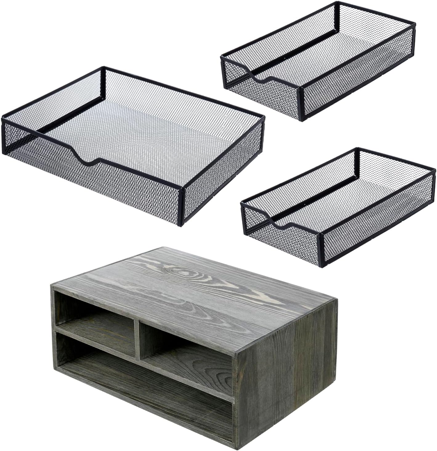 MyGift Vintage Weathered Gray Solid Wood Desktop Organizer Box with 3 Removable Black Metal Mesh Trays, Office Desk Supplies Storage Drawers for Accessories