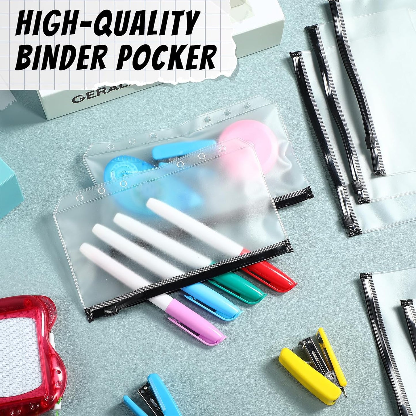 Zonon 30 Pcs A6 6 Rings Black Zipper Binder Pouches Clear Binder Pockets with Zipper Folders Waterproof PVC Loose Leaf Bags Filling Bags for Pen Pencil Notebooks File Document