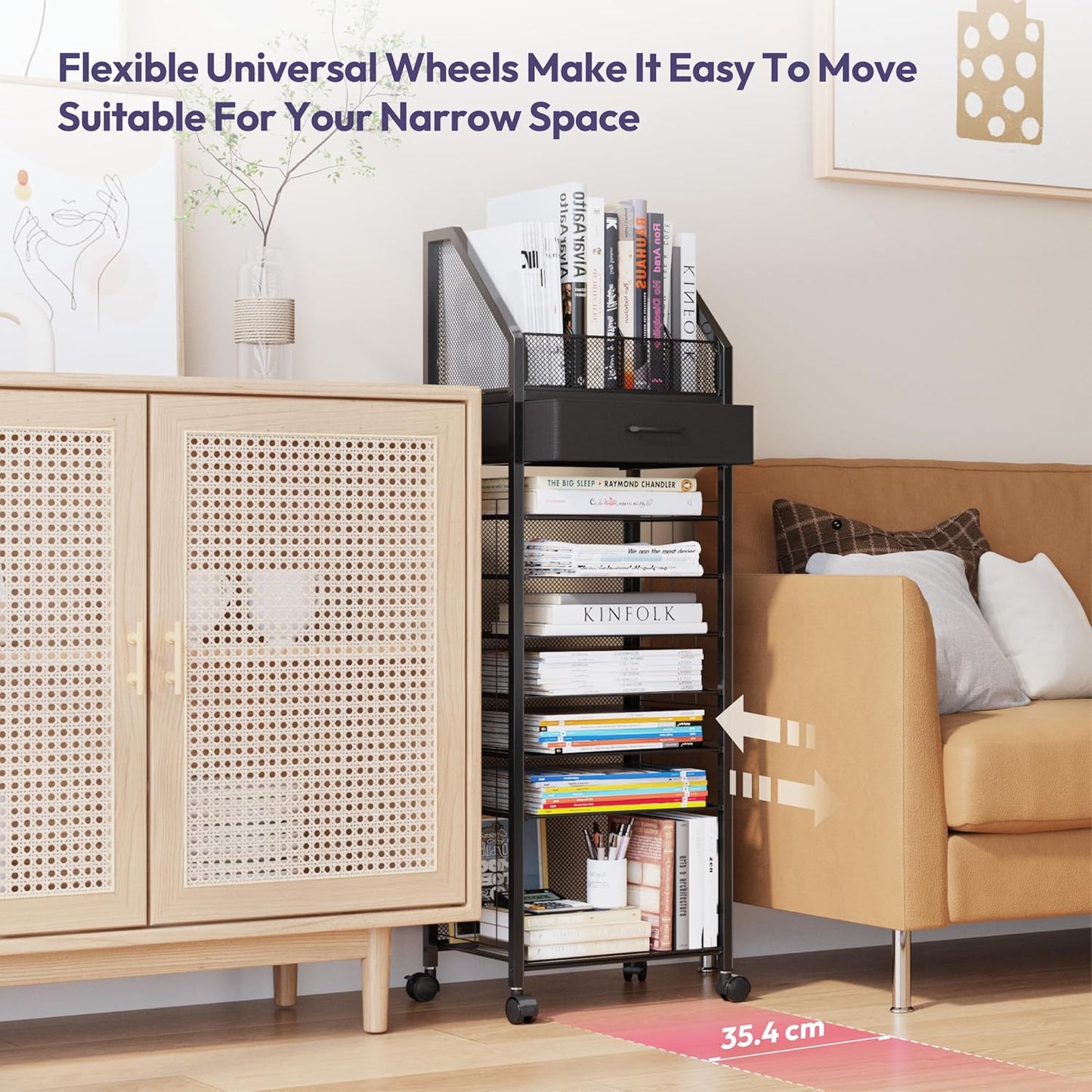 SWTYMIKI 9-Tier Rolling File Cart - Paper Organizer with Drawer and Trays, Wood Desk Office Organizer, Office Organization and Binder Storage for Workspace, Home, School, Black