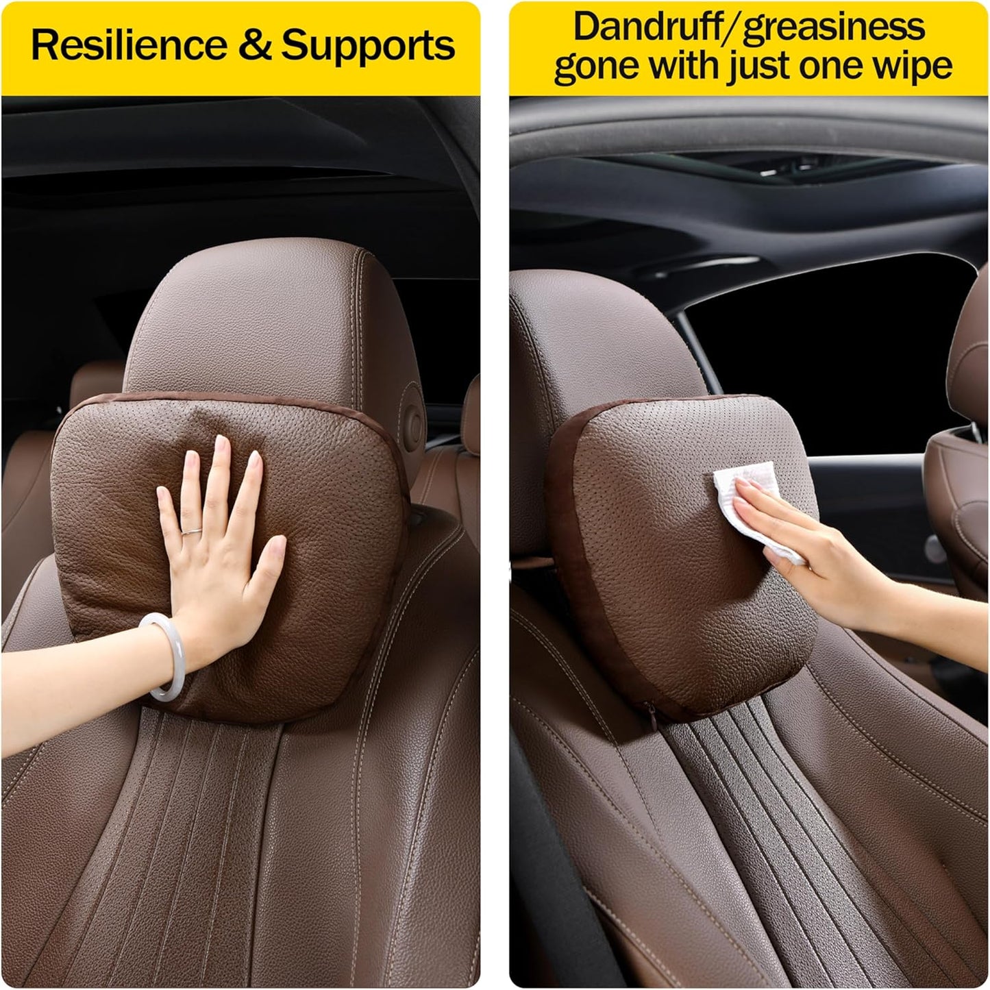 Genuine Leather Car Neck Pillow for headrest,Support Drive Seats Head Cushion,Real Cow Leather,11.8x7.5”,Plant-Based Polyester,Thickness & Height Adjustable,Inner Liner fillable(Wine,1p)