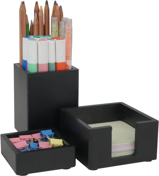 RAWILL 3 PCS Black Wooden Desk Organizer Set, Pine Wood Office Desk Accessories with Pen Holder, Paperclip Storage and Sticky Note Holder,Wood Grain Clear, Ideal Gift for Office and Family