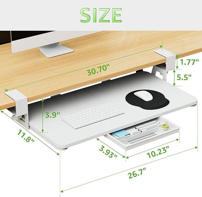Desktop Keyboard Tray, Under Desk Pull Out, 26.77" X 11.81" Large Size Keyboard Tray with C-Clip Mount, Easy Installation, Computer Keyboard Stand, for Home Study and Office